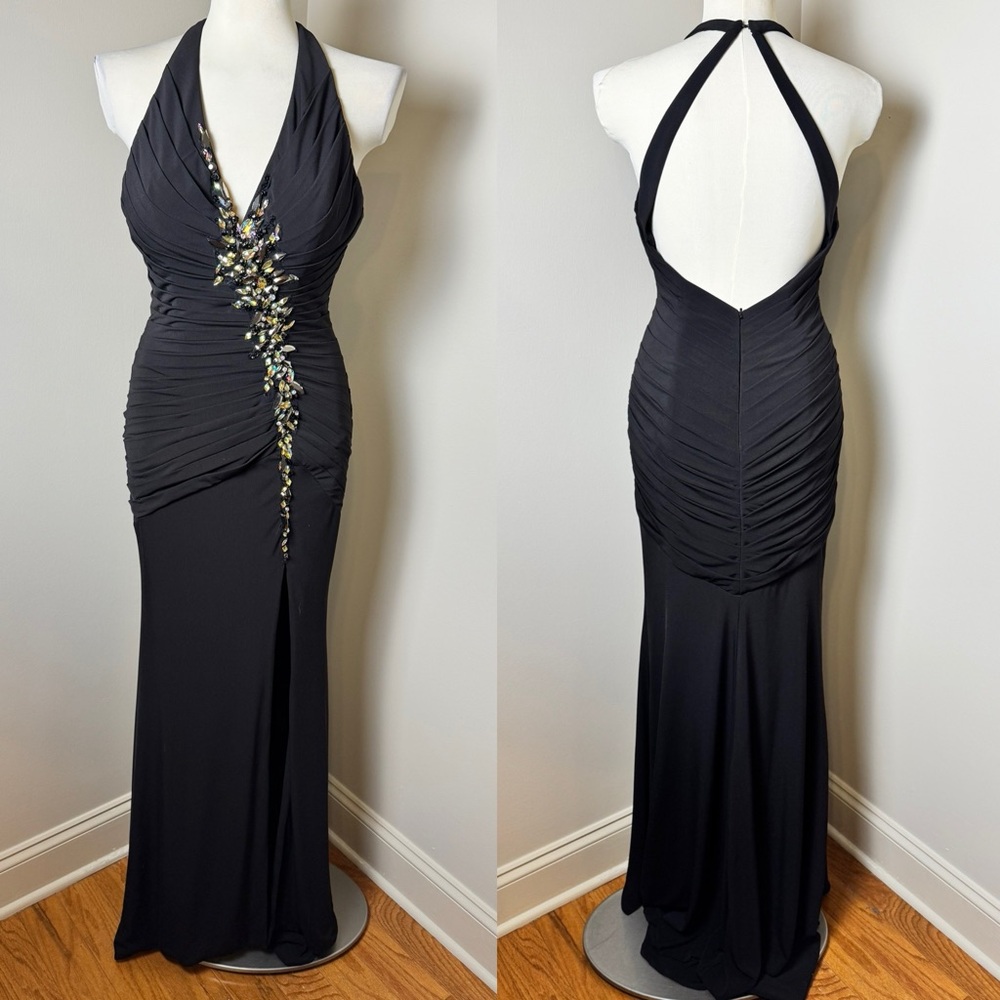XCITE Evening Gown w/ Form Fitting Bodice Iridescent Embellishment BLACK /SIZE 6